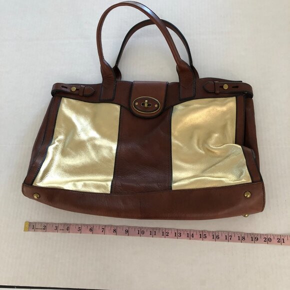 FOSSIL Vintage Reissue Brown Leather Shimmer Gold XL Weekender Duffle Bag RARE - Picture 6 of 11